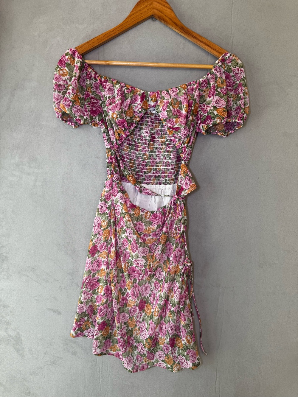 Princess Polly Floral Mini Dress US 2 Pink Cutout Puff Sleeve Cottagecore